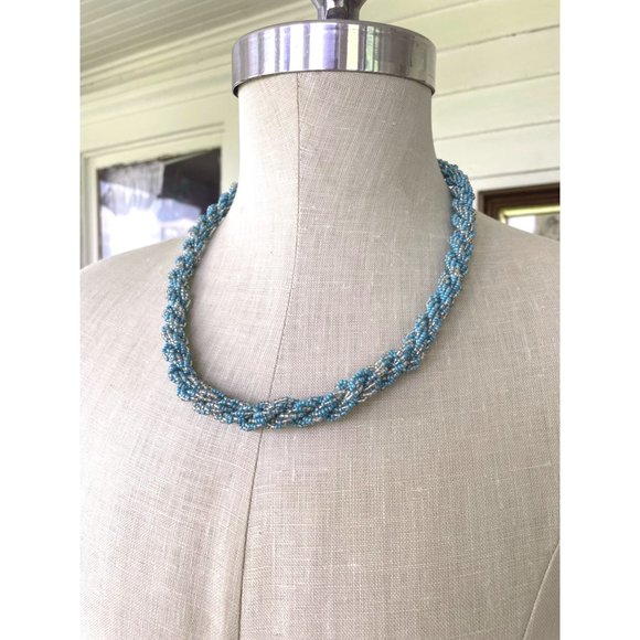 Vintage Nepal Glass seed bead Woven Necklace Turquoise - Picture 9 of 13